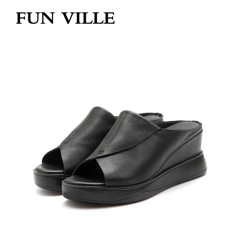 

FUN VILLE New Fashion Summer Women Slippers Wedges Slippers Genuine Leather sexy ladies shoes Outside Platform Slippers Open Toe