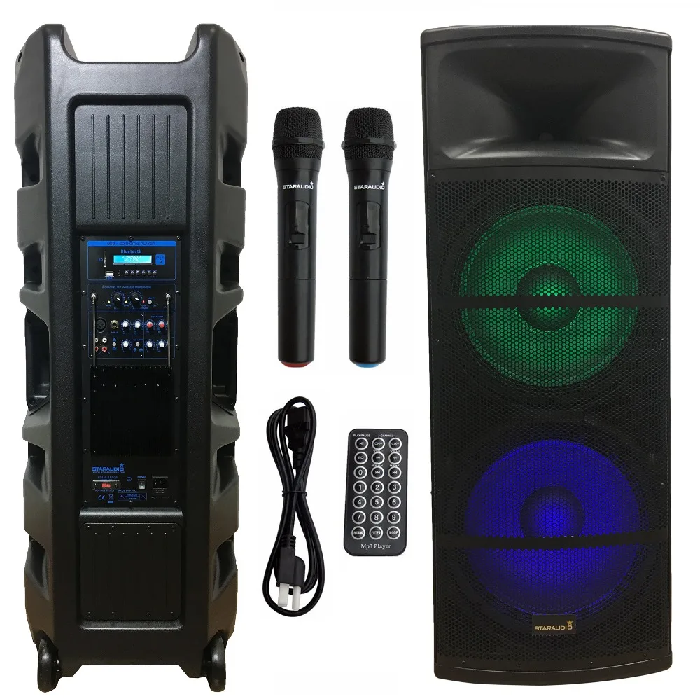 

5000W 15" Powered PA Active BT FM RGB Light Speaker For Wedding Party Stage Audio Speaker 2 Channel Wireless Handheld Microphone