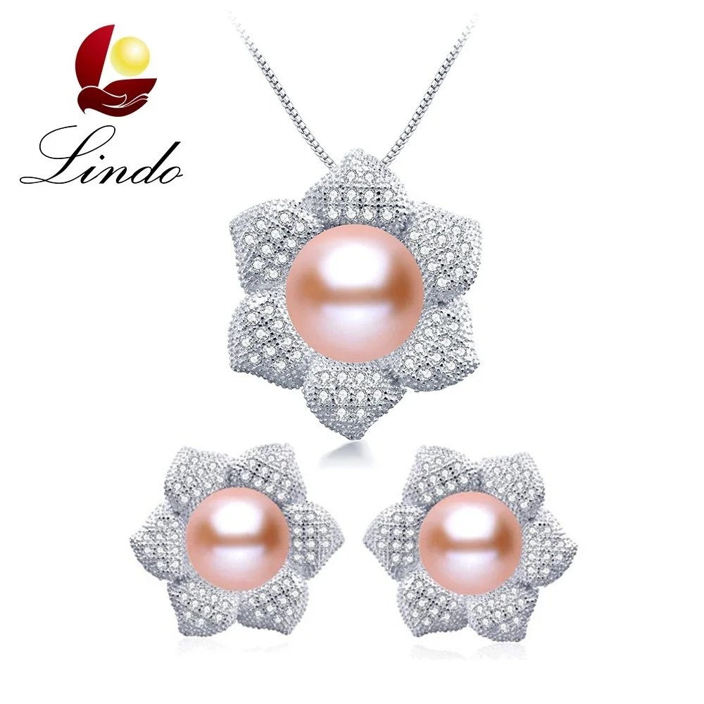 pink pearl Купите 1 получите 1 бесплатно! Роскошный большой натуральный пресноводный жемчуг ювелирные наборы из циркона Серебро 925 цветок подвески+ серьги Свадебные - Цвет камня: pink pearl