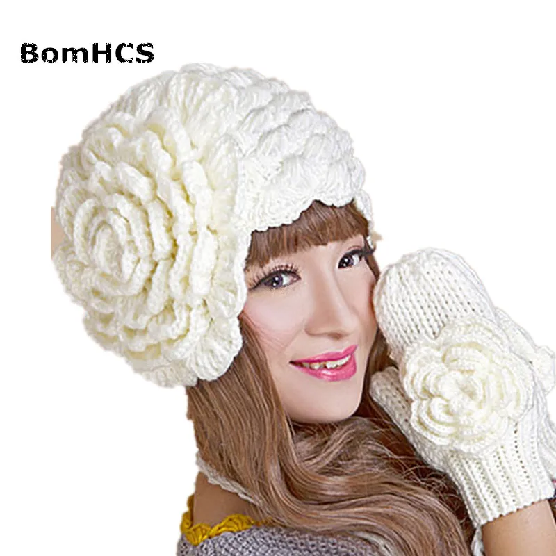 Женская зимняя теплая шапка BomHCS с большими цветами вязаная шапочка ручной работы