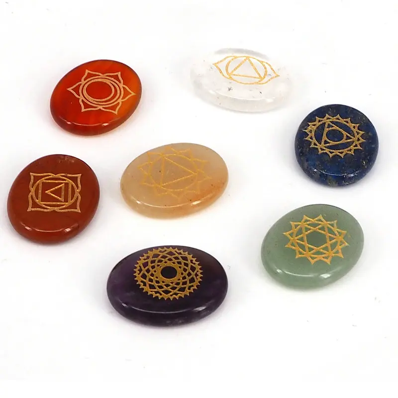 

Reiki charms Natural crystal semi-gemstone agate engraved aura symbol seven chakra energy healing stone