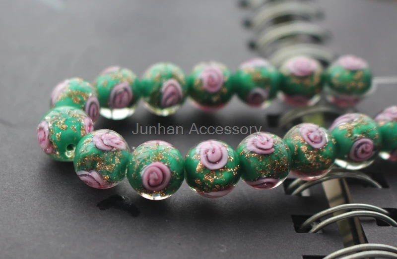 10Pcs/Lot 10mm 12mm Handmade Lampwork Flower Beads Green Color With Gold powder Japanese Style for jewelry | Украшения и