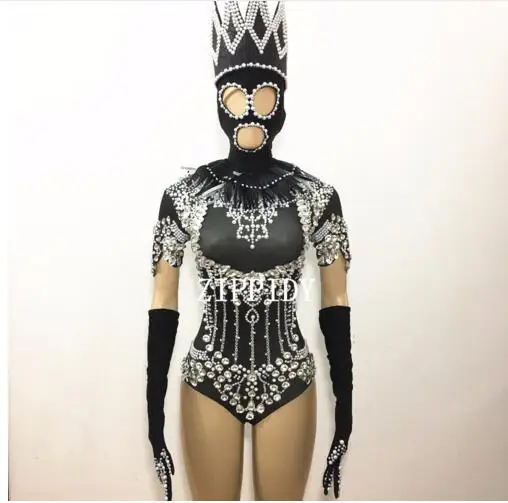 Fashion Crystals Bodysuit Diamonds Sparkly Headpiece Outfit Sexy Stage Performance Women  Singer Birthday Wear