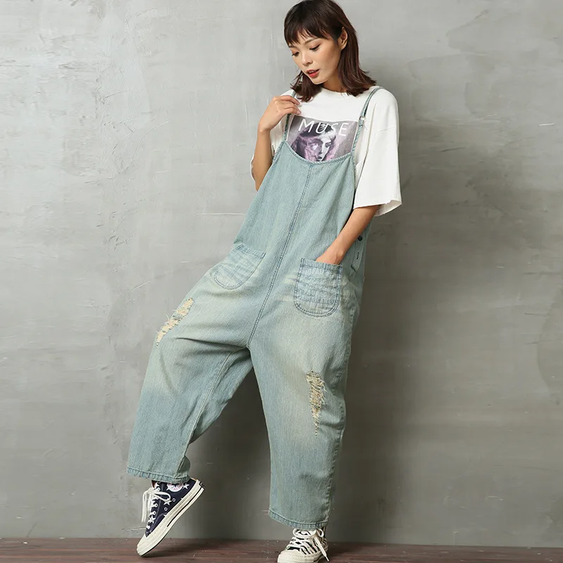 

Women Solid Color Vintage jeans Loose Print Letters Hole Trouser Cowgirl Suspender Pants Ladies 2019 Summer XL-01