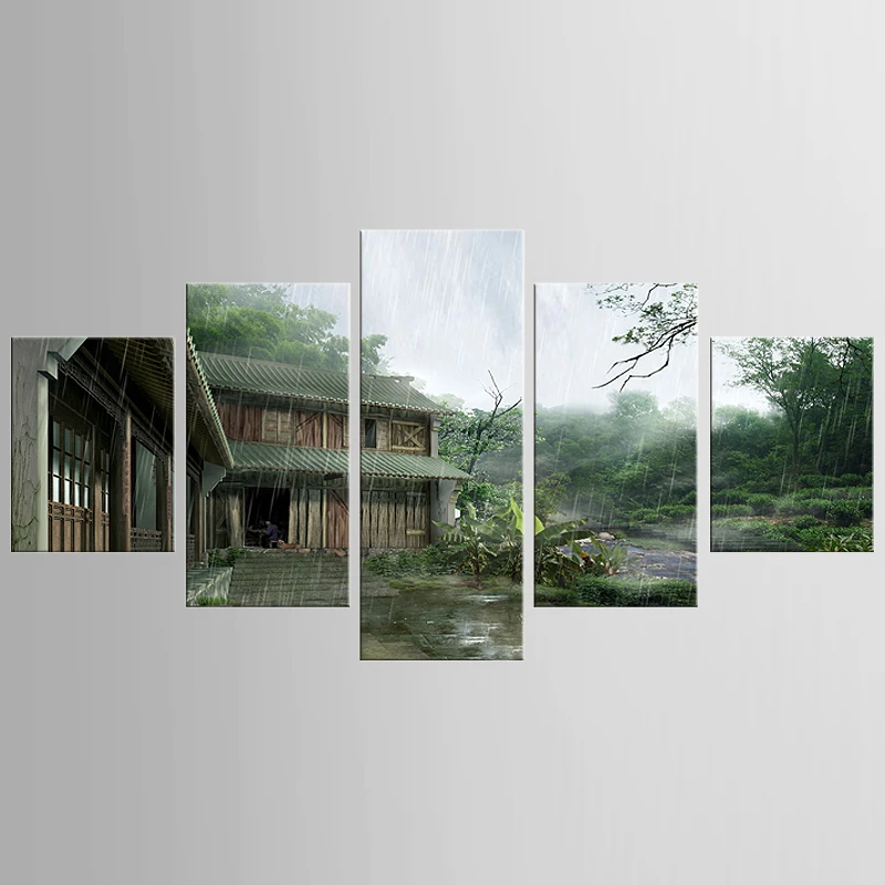 Стенная роспись в виде здания дерева дождливого дня художественная живопись