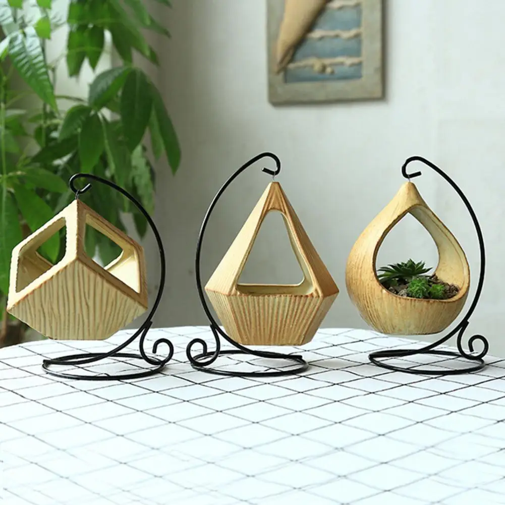Iron Stand Hanging Basket Microlandschaft Geometric Ceramic Succulent Plants Flower Pot Hook Desk Bracketplant | Дом и сад