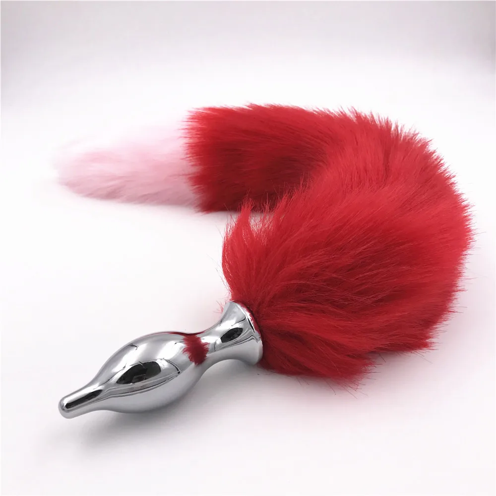 Красный и розовый 40 см Лисий пушистый хвост Анальная пробка металлическая