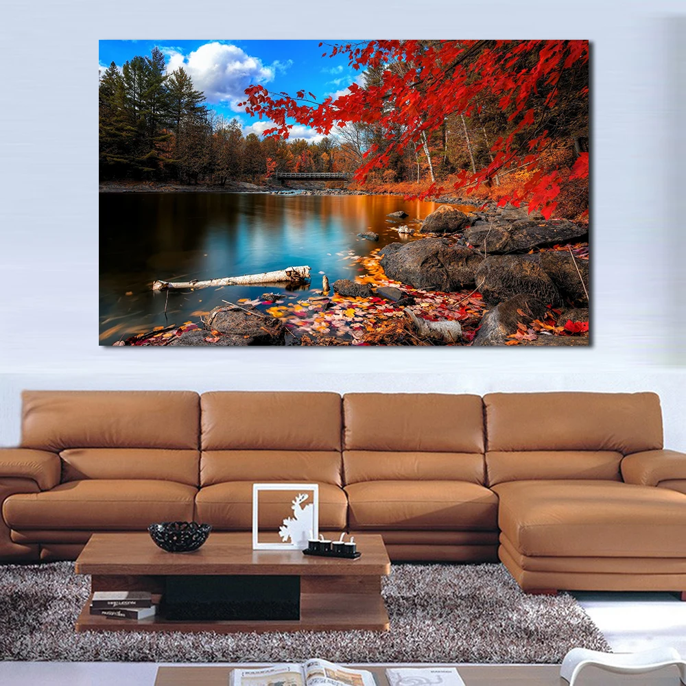 JQHYART Printing Oil Painting foliage lake forest leaves Wall Art Canvas Print Pictures For Living Room And Bedroom No Frame | Дом и сад