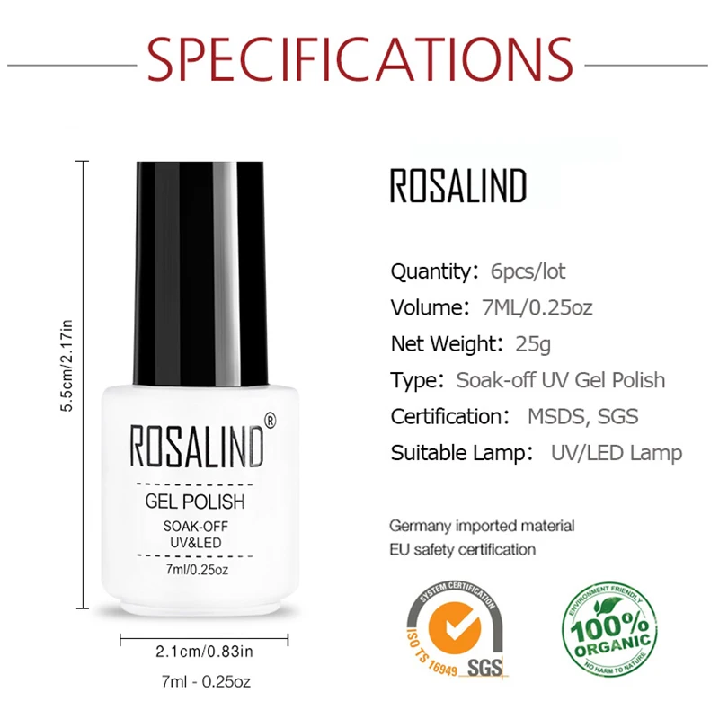 6 шт./лот Гель лак ROSALIND 7 мл вымачивать праймер для ногтей белая бутылка Топ основа