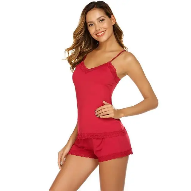 Ekouaer Women Sexy Spaghetti Strap Lingerie Pajamas Set Lace Patchwork Summer Sleepwear Two Piece Pajama Homewear Suits