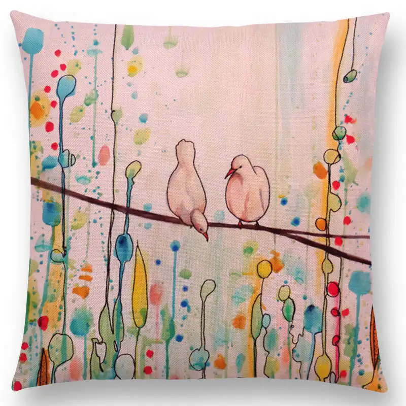 New Lovely Watercolor Little Birds Cute Colorful Flowers Clusters Warm Floral Woods Happy Life Cushion Cover Pillow Case | Дом и сад