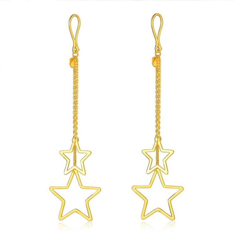 

New 24K Yellow Gold Earrings Star Dangle Earrings 5.68g