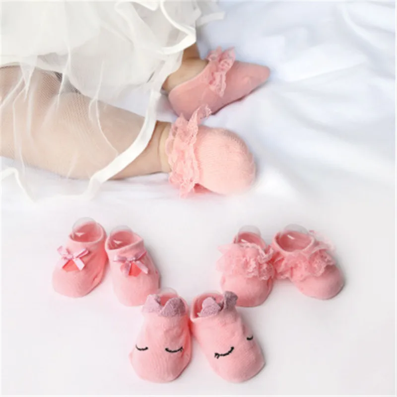 

3 Pairs/Set Newborn Sock Infant Anti Slip Lace Flower Bow Socks Party Birthday Socks Cotton Baby Girl Socks