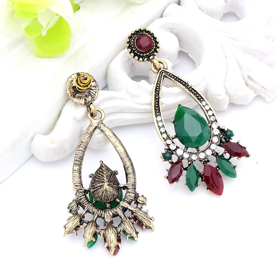 Classic Bohemia Women Green Resin Flower Long Red Dangle Earrings Antique Gold Color Arabesque Ethnic Drop Glass Earring Bijoux | Украшения