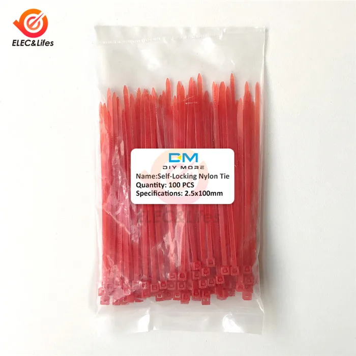Red 100 шт. самоблокирующиеся Нейлоновые кабельные стяжки 100 мм* 2,5 мм 10 см пластиковые стяжки на молнии кабель крепкая Привязка провода Органайзер Быстрый кабель - Color: Red