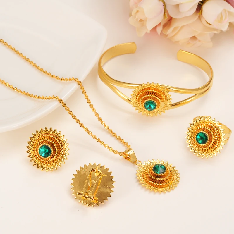 Habesha Set Ethiopia Style Necklace Earrings Ring bangle Gold Color Jewelry Sudan women girls cz cystal bridal Wedding Gift | Украшения и