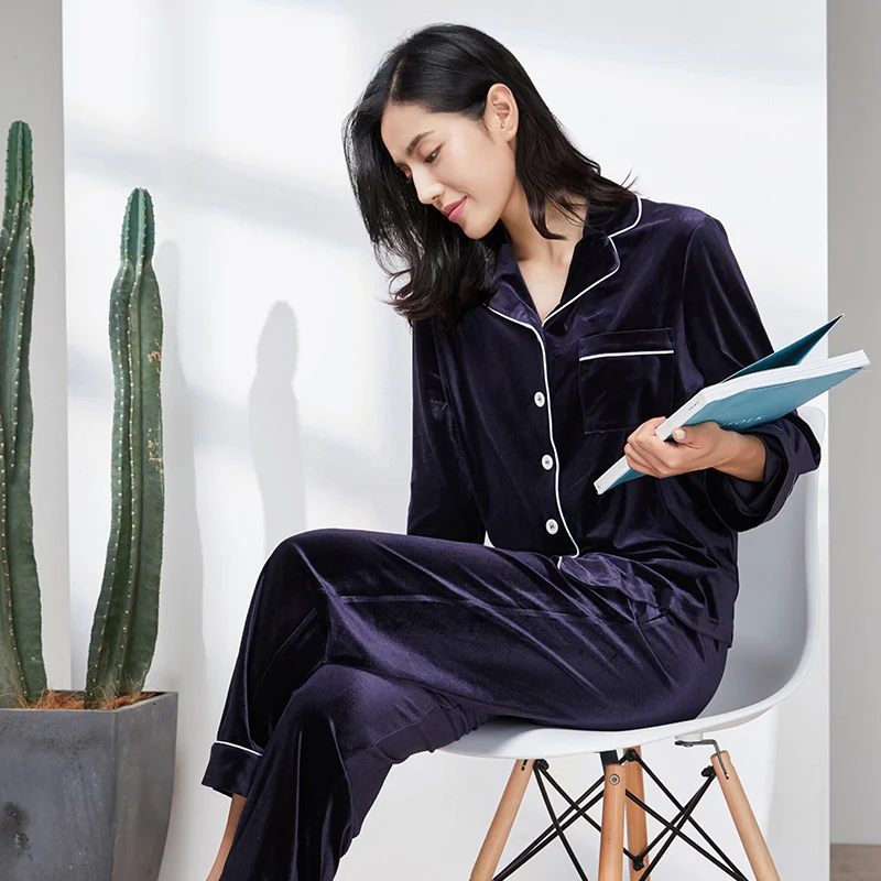 YEATION женские бархатные атласные пижамы комплект с длинным рукавом Женская