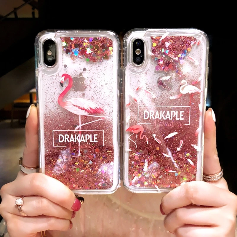 Жидкий чехол с водой для iPhone 7 блестящий мягкий фламинго цветочным рисунком 11 Pro X