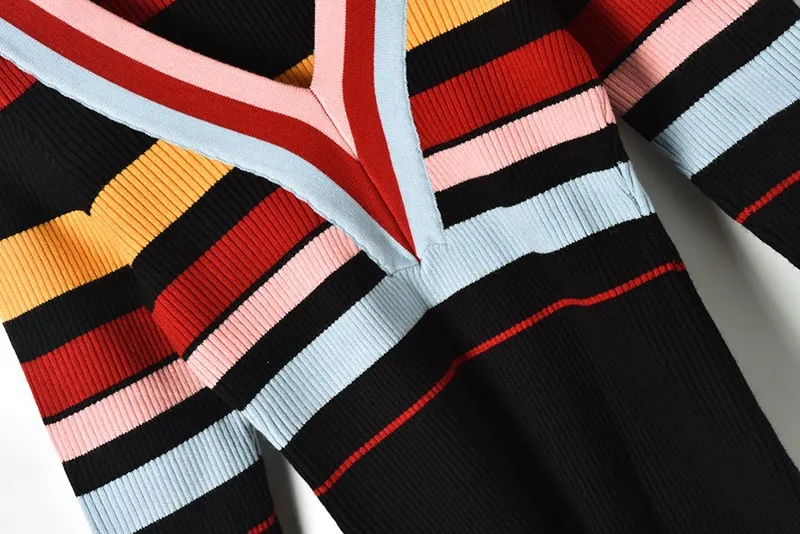 JOYDU Runway Sweet Pullover Women Sweater 2018 Newest Autumn Sexy V-neck Color Stripes Patchwork Casual Slim Knitted Jumper Top | Женская
