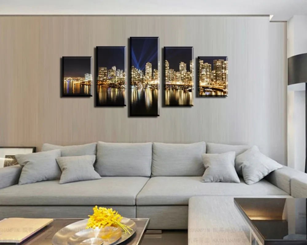 2017 красивый Городской Ночной пейзаж Современная Картина на холсте 5 шт. настенное