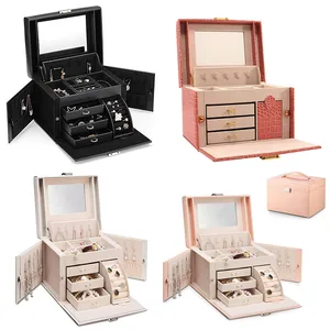 Шкатулка для ювелирных изделий SZanbana, кожаная трехуровневая шкатулка с ручкой, зеркальный чехол, для браслетов, серег, колец, брошей, органайзер, для хранения ожерелий