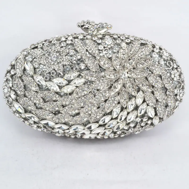 

Stylish Oval Flower Evening Bag Luxury Rhinestone Banquet Bag for Party Purse Silver Women Wedding Bling Clutch Bag 88172