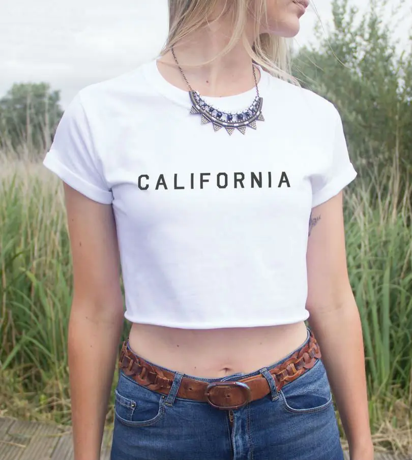 Женский летний укороченный топ California с буквенным принтом короткая футболка