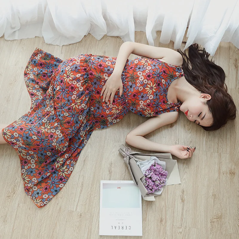 Fashion pregnant women Maternity wear flower dress chiffon sleeveless long summer sea side holiday clothes | Мать и ребенок