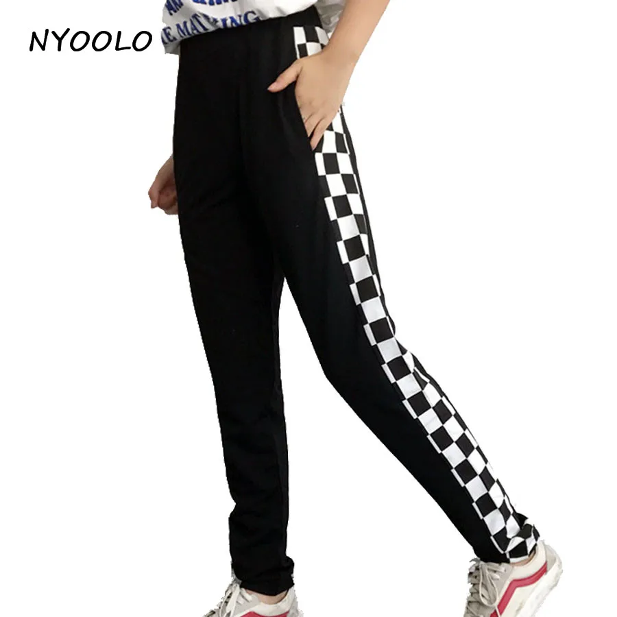 

NYOOLO Novelty design streetwear pants Black and white plaid personality patchwork elastic waist hip hop pants women/men
