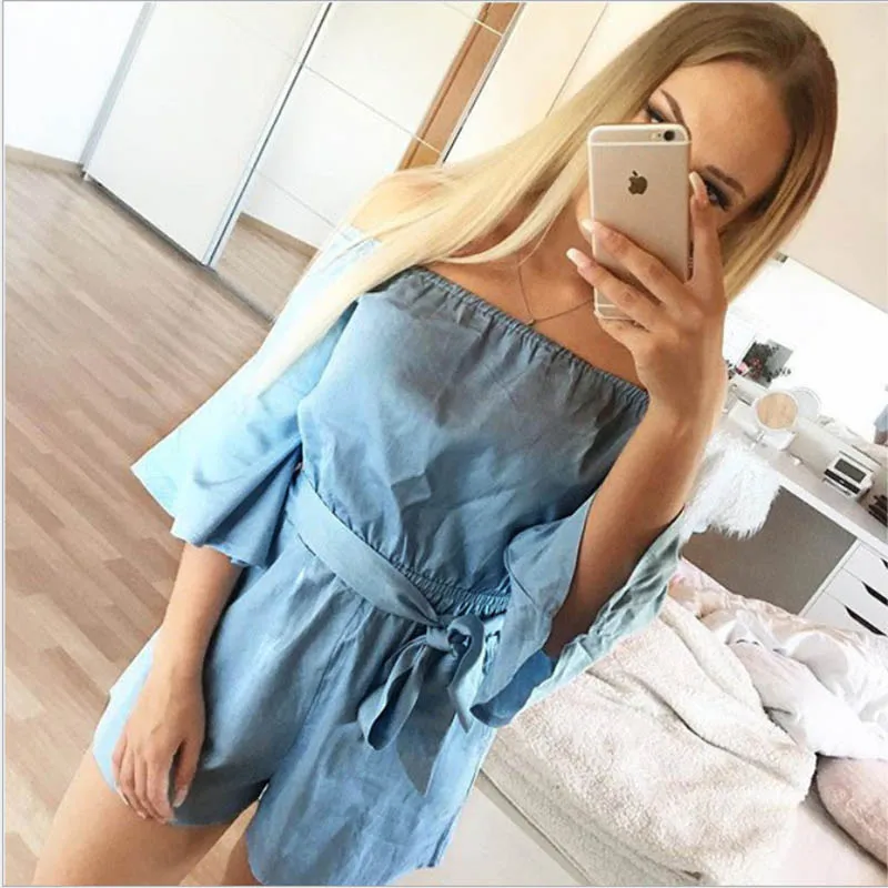 Vancol 2017 summer Women slash Neck bodysuit flare sleeve sashes Jumpsuit solid One-Piece romper beachwear regular Sexy playsuit | Женская