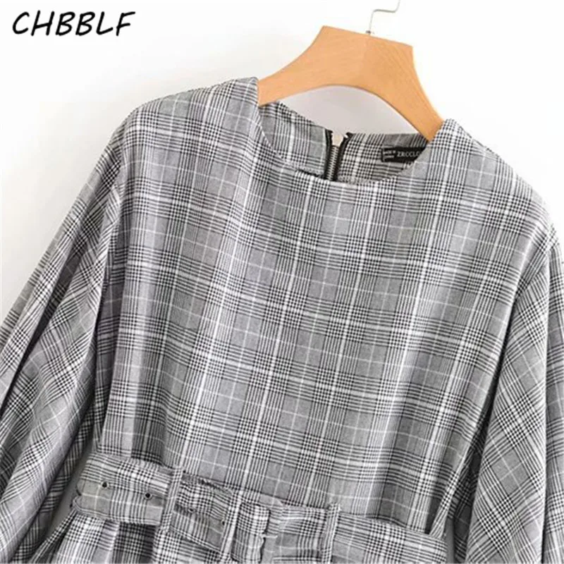 CHBBLF Женская клетчатая блузка с длинным рукавом модные рубашки поясом женские