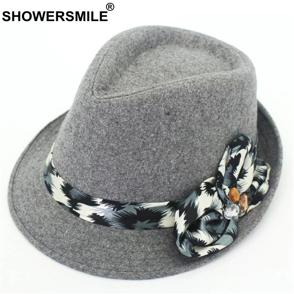SHOWERSMILE серая женская шляпа-федора, Классическая шерстяная шляпа с бантом, фетровая винтажная Осенняя зимняя твидовая британская джазовая шляпа, элегантные модные кепки