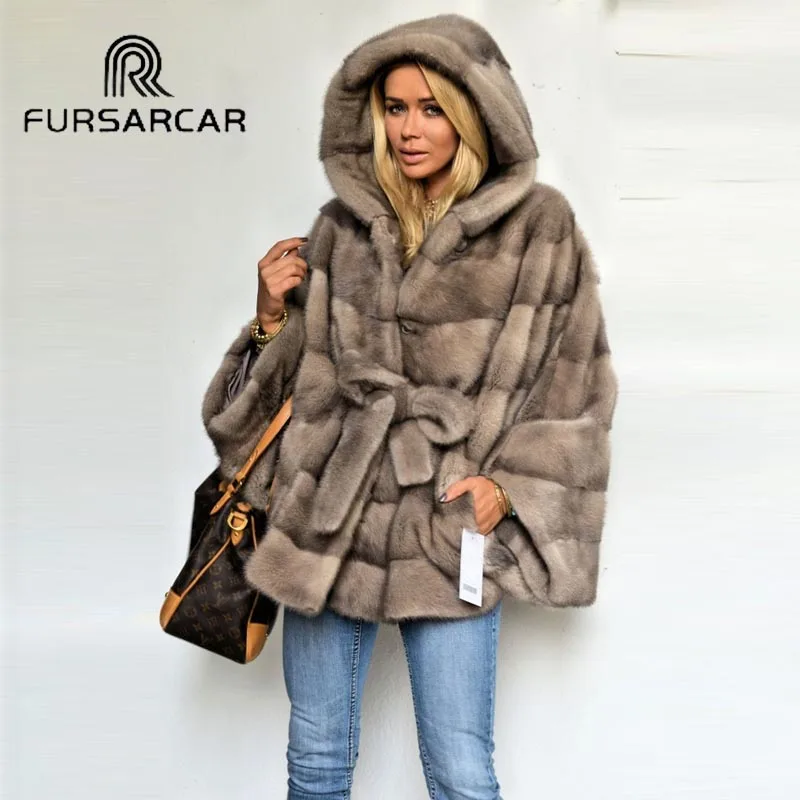 Роскошные новые шубы FURSARCAR из натуральной норки женские зимние в стиле с рукавом