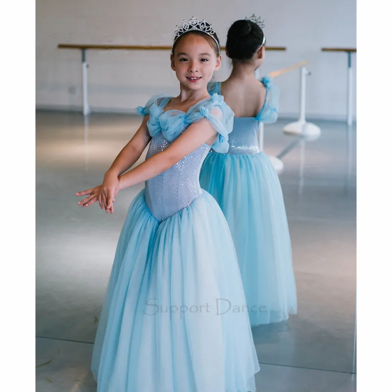 

Cinderella Princess Long Ballet Dress Girls Hand Made Sleeve Dance Costume C94