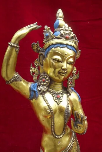 JP S0524 23 &quotКитайский Бронзовый позолоченный Dakini Vajrayogini стенд Kwan-yin Guan Yin Статуэтка