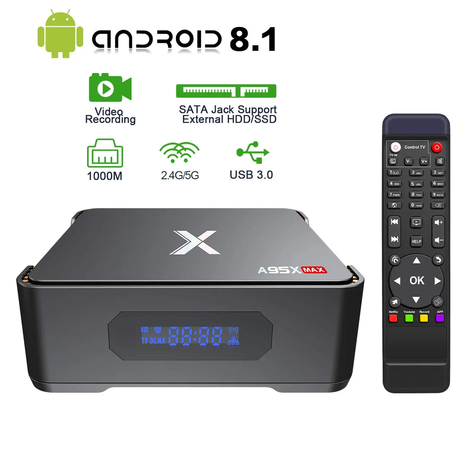 Запись видео Android tv Box 8,1 A95x Max X2 4 Гб 64 Гб Amlogic S905X2 четырехъядерный 2,4G& 5GH Wifi 1000M 4K HD Smart tv Box HDD& SSD