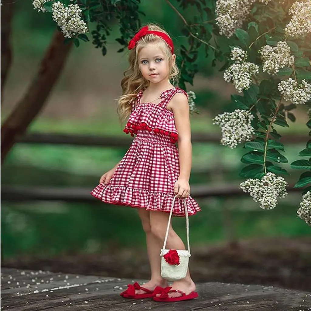 Birthday Party Dress Casual Summer Princess For Kids baby Girls Cotton Sleeveless Condole Belt Tassel Plaid Dresses | Детская одежда и