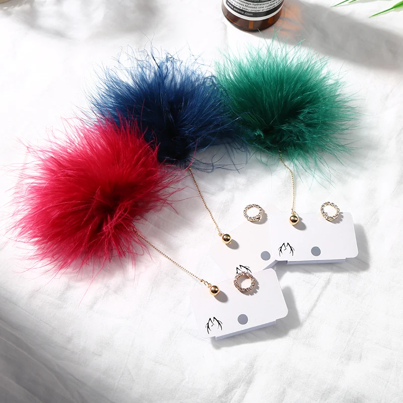 Colorful Feather Mink fur Pom Ball Earrings for Women Fashion Crystal Round Circle Long Chain Asymmetric Jewelry | Украшения и
