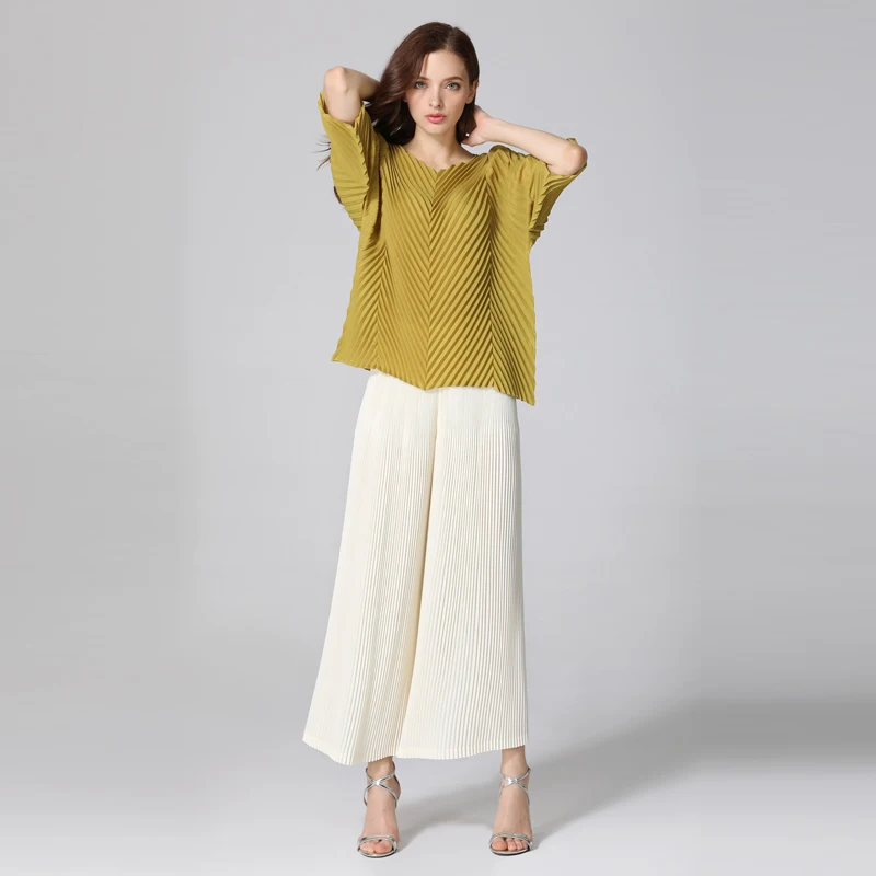 Changpleat, новинка, Женская свободная футболка, топы, Miyak, плиссированная, модный дизайн, Круглый ворот, одноцветная, неровная, большой размер, женские футболки, T956