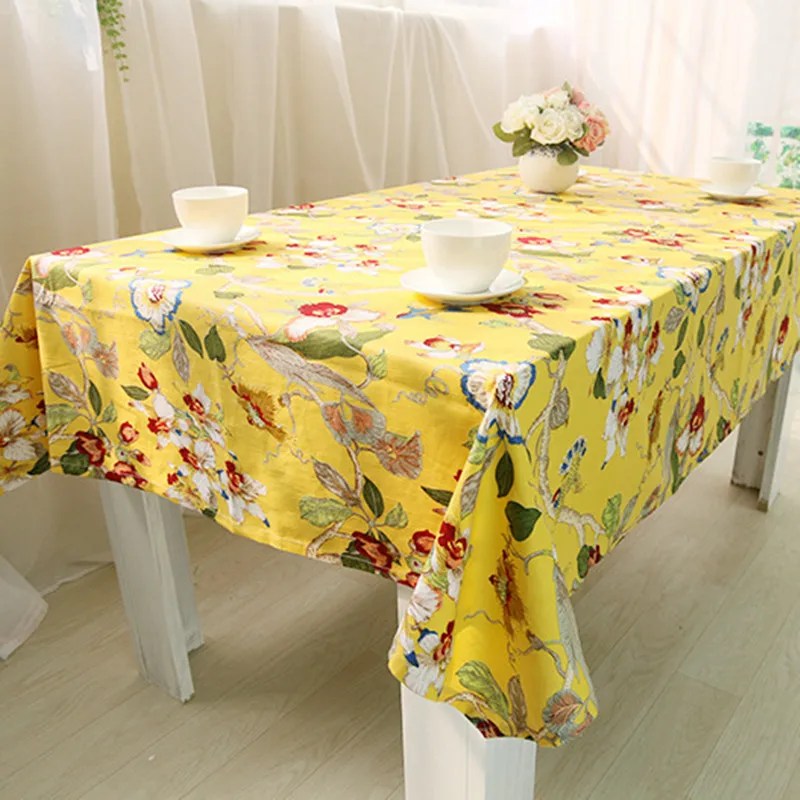 Free Shipping Flowers Birds Yellow Tablecloth Home/Hotel Table Cover Mantel De Mesa Multifunction Printed flax Covered Cloth | Дом и сад