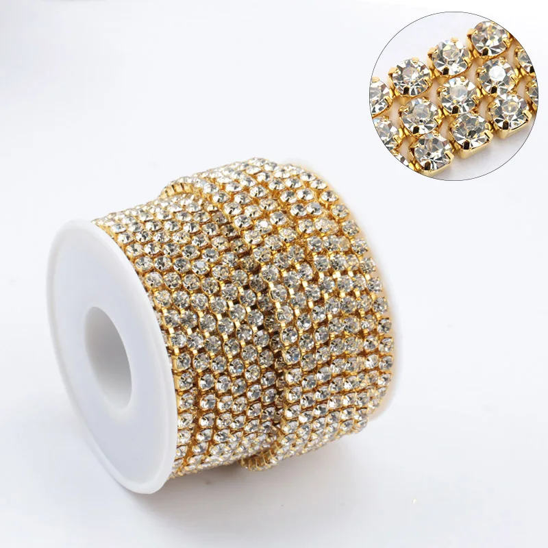 Gold base clear 1 ярд 10 ярдов/рулон SS6-SS16 Блестящий Кристалл Стразы на цепочке пришивной клей для одежды DIY аксессуары для одежды отделка чашки цепь - Цвет: Gold base clear