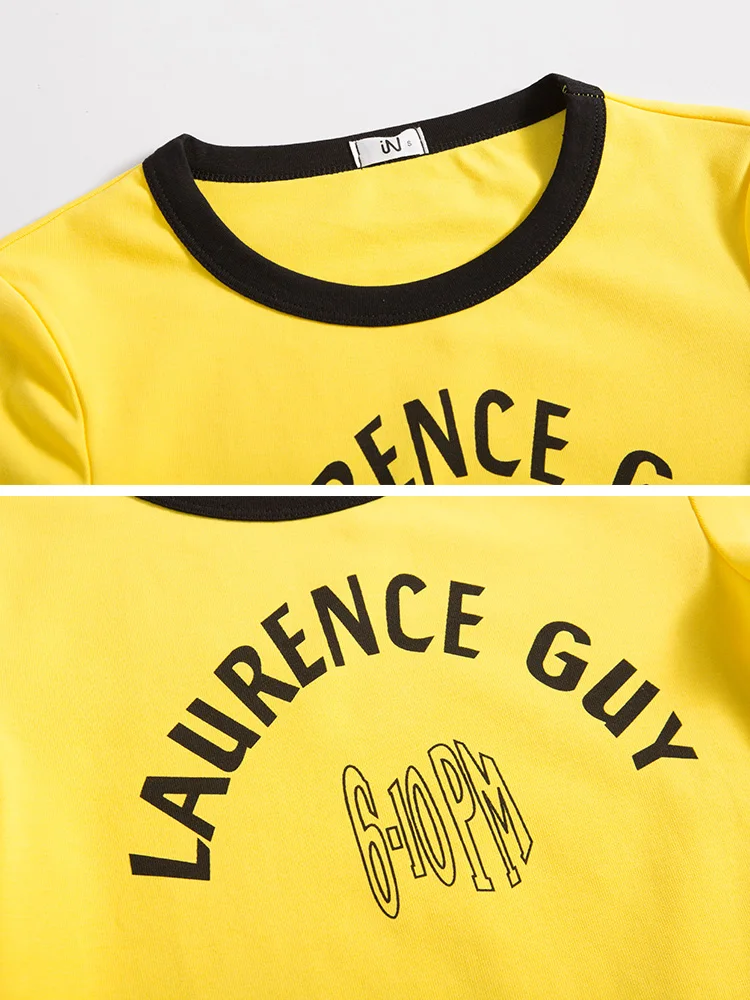 

Oukytha summer t shirt color hit short sleeves high waist tee tops women crop top letter printed yellow female clothing GQZ19042