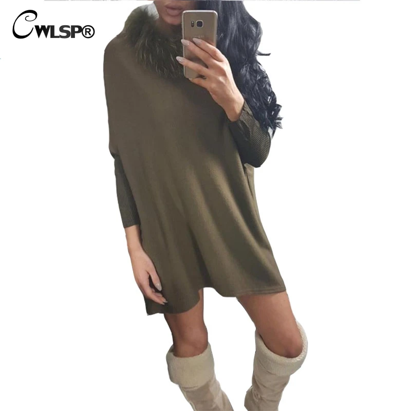 Осенне зимнее вязаное платье свитер CWLSP женские длинные рукава летучая мышь