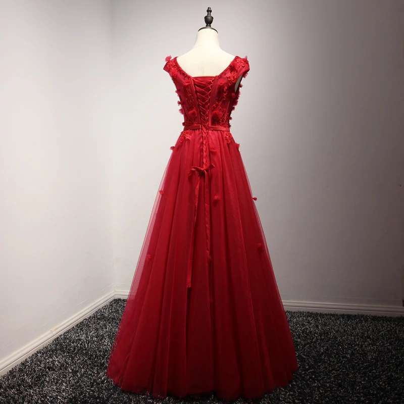 Stock dress для выпускной v шеи аппликация line лук ленты створки Длинные Платья