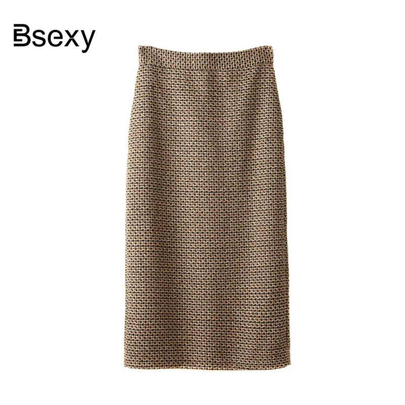 Winter Women's Plaid Wool Pencil Skirts high Waist woolen midi Long Skirt faldas mujer moda 2018 Runway Elegant OL Tweed | Женская