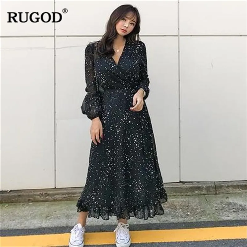 

RUGOD Chic Star printed long dress women Fashion V neck Long Sleeve Black chiffon Dress 2019 Spring Summer Big Hem Vestidos