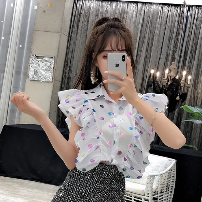 Блестками Dot Футболка с принтом женственная блузка Для женщин рукавами