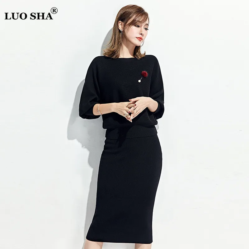 black LUO SHA, новинка, комплект из двух предметов, женский свитер, комплект, свитер и юбка, эластичные однотонные женские костюмы, спортивные костюмы, женский спортивный костюм - Цвет: black