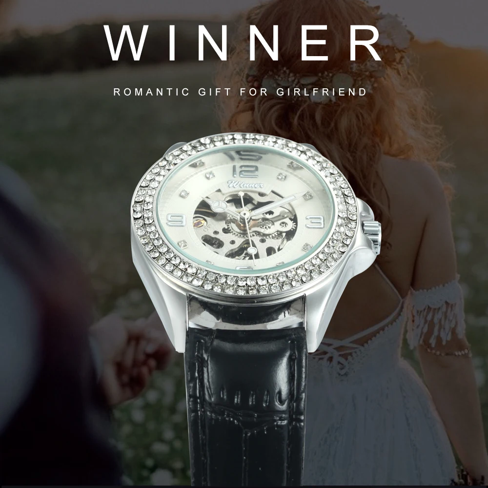 WINNER официальные винтажные повседневные женские часы автоматический механический кожаный ремешок с кристаллами Iced Out наручные часы Relogio Feminino