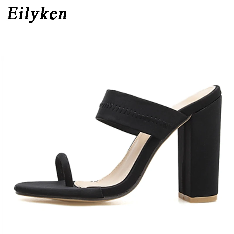Black Eilyken/Новинка года; сезон лето; женская обувь из лайкры; флуоресцентные шлепанцы; блестящие шлепанцы с открытым носком; шлепанцы на высоком каблуке; модные сандалии без застежки - Цвет: Black